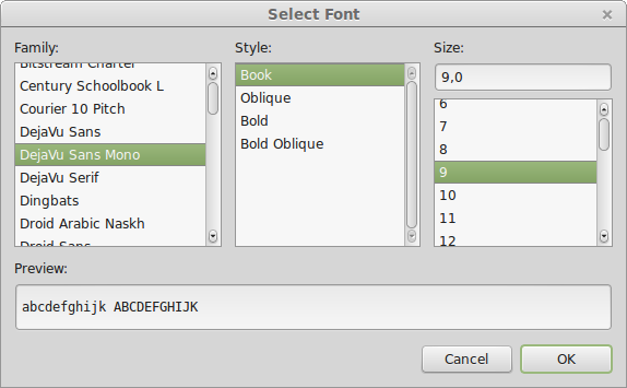 Screenshot: Font selection dialog, GTK3