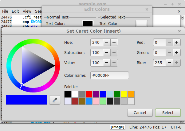 Screenshot of the text editor REdit: Classic dialog for color selection