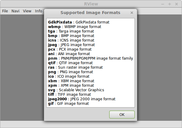Screenshot of the image viewer RView: supported image formats on Linux Mint 17