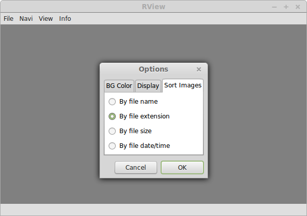Screenshot of the image viewer RView: how to sort image files